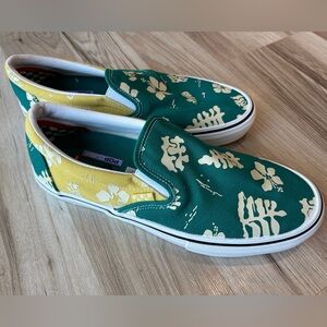 Vans Skate NWOT Pop Cush Slip On Aloha Yellow Green Floral Canvas Shoes 10.5